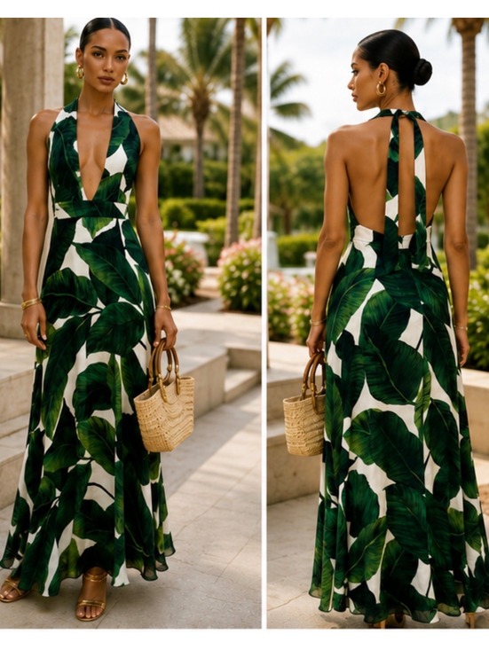 Milly Dresses & Skirts - MILLY Tropical Banana Leaf Halter Maxi Dress Green White Backless NWOT